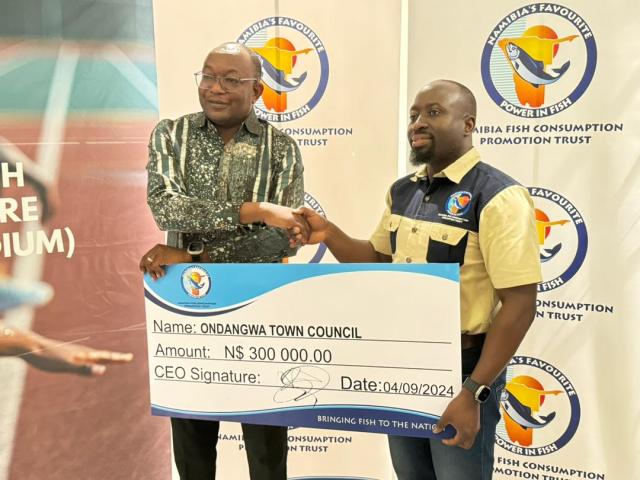 ONDANGWA, 04 September 2024 - The Namibia Fish Consumption Promotion Trust (NFCPT) handed over a donation of N.dollars 300 000 to the Ondangwa Town Council on Wednesday. (Photo by: Maria David) NAMPA