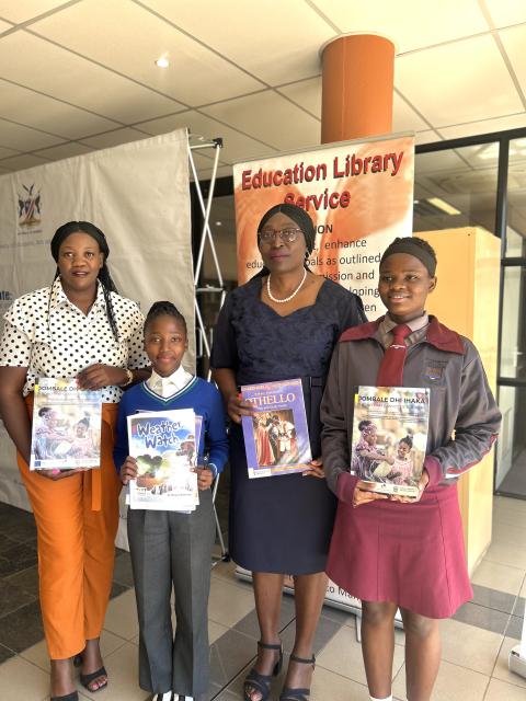 WINDHOEK, 05 September 2024 - Deputy Minister of Education, Faustina Caley pictured with school learners Josefin Skrywer and Dione Bock and sign language interpreter Elizabeth Ngunaihe. (Photo by: Eba Kandovazu) NAMPA