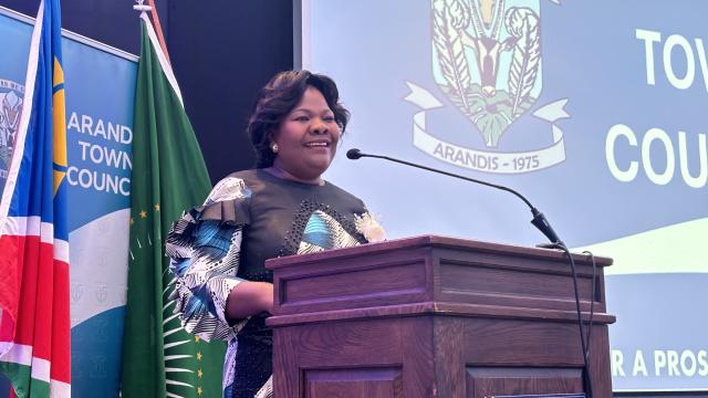 SWAKOPMUND, 06 September 2024 - Deputy Minister of Urban and Rural Development, Eveline !Nawases-Taeyele, speaking at the launch of the Arandis 2024-2029 Strategic Plan launch at Swakopmund. (Photo by: Isabel Bento) NAMPA