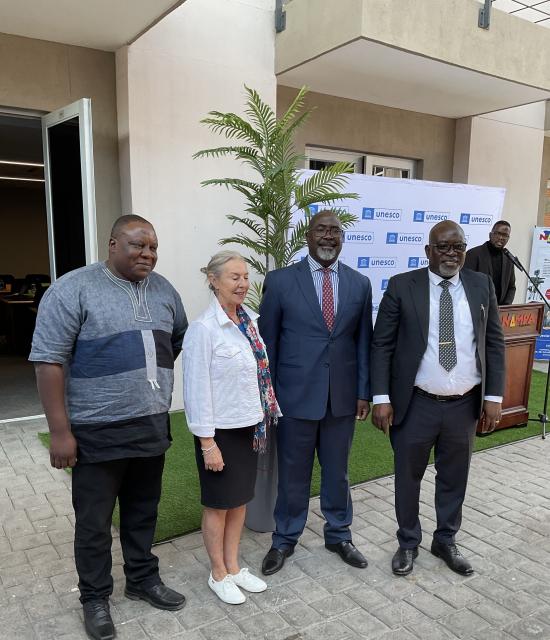 WINDHOEK, 10 September 2024 - (From left) Namibia Press Agency (Nampa) Editorial Manager Jata Kazondu; veteran journalist Gwen Lister; Nampa CEO Linus Chata and Deputy Minister of Information and Communication Technology, Modestus Amutse pictured at the official opening of the workshop on election reporting for journalists in Namibia. (Photo by: Mulisa Simiyasa) NAMPA