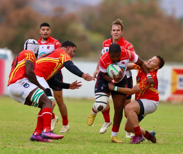 WINDHOEK, 14 September 2024  – Pioneers Park-based Wanderers Rugby Club players in white, red and black while in action against UNAM during the final of the 2024 Namibia Rugby Union Premier League finals at the cathedral of Namibian Rugby the Hage Geingob Stadium in Windhoek. (Photo by: Hesron Kapanga) NAMPA