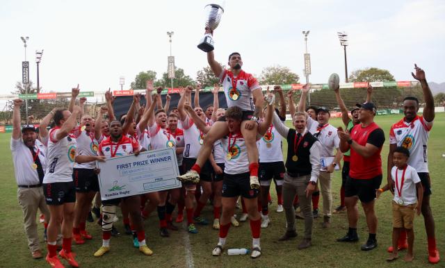 WINDHOEK, 14 September 2024  – Pioneers Park-based Wanderers Rugby Club players celebrating with their 2024 Namibia Rugby Union Premier League Trophy at the cathedral of Namibian Rugby the Hage Geingob Stadium in Windhoek. (Photo by: Hesron Kapanga) NAMPA