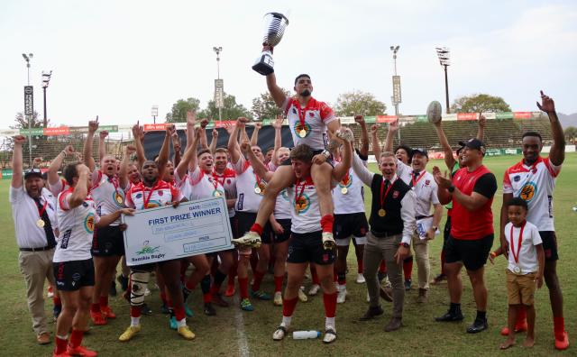 WINDHOEK, 14 September 2024  – Pioneers Park-based Wanderers Rugby Club players celebrating with their 2024 Namibia Rugby Union Premier League Trophy at the cathedral of Namibian Rugby the Hage Geingob Stadium in Windhoek. (Photo by: Hesron Kapanga) NAMPA