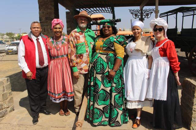 KEETMANSHOOP, 17 September 2024 – Keetmanshoop mayor, McDonald Hanse and ||Kharas governor, Aletha Frederick are pictured with speakers that spoke on different cultures at the beginning of the heritage week at Keetmanshoop on Tuesday. (Photo by: Suzith Tjitaura) NAMPA 