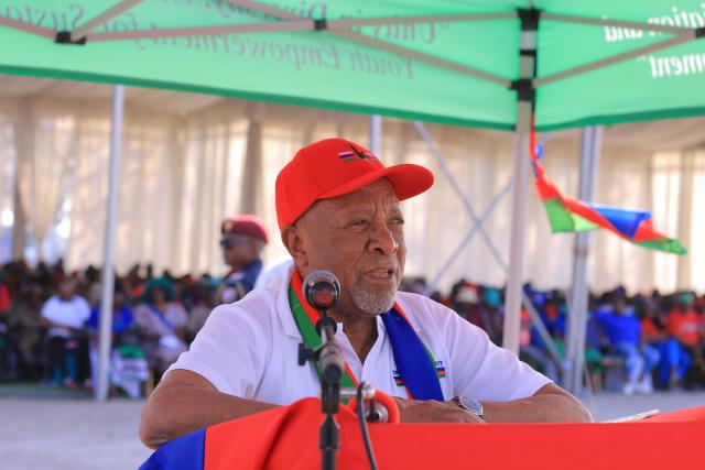 ENDOLA, 28 September 2024 - President and member of the ruling party Nangolo Mbumba speaking at a mini rally held at Endola in Ohangwena Region on Saturday. (Photo by Maria David)NAMPA 