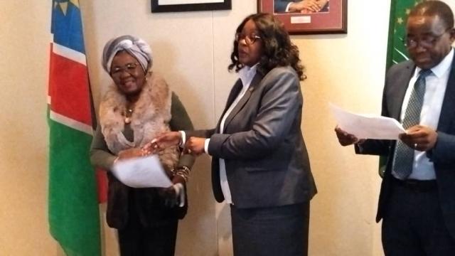 WINDHOEK, 30 September 2024 - ECN Chairperson Elsie Nghikembua handing over the final voter register and code of conduct to Sophia Shaningwa, the Secretary General of Swapo Party (Photo: Andreas Thomas) NAMPA
