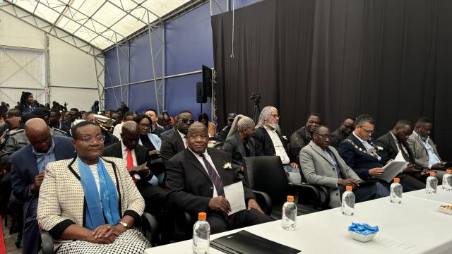 WALVIS BAY, 03 October 2024 - Deputy Prime Minister and Minister of Works and Transport John Mutorwa, Namport’s Chairperson of the Board of Director, Erongo Governor Neville Andre Itope and Walvis Bay Mayor Trevino Forbes attending the opening ceremony of the Walvis Bay Maritime Week. (Photo by: Isabel Bento) NAMPA