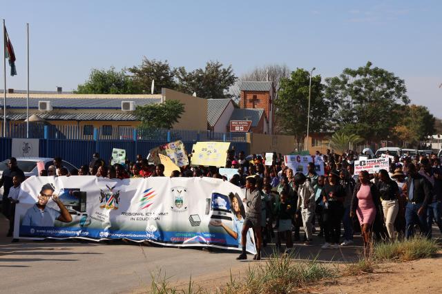 OTJIWARONGO, 08 October 2024 - The Directorate of Education, Arts and Culture in the Otjozondjupa Region marches the streets of Otjiwarongo to mark the regional Information and Communication Technology (ICT) summit on Tuesday. The regional ICT summit is expected to end on Friday. (Photo by: Mulisa Simiyasa) NAMPA