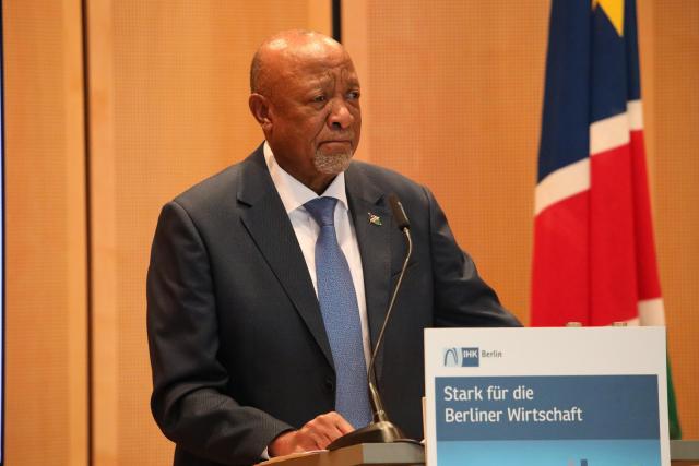 BERLIN, 09 October 2024- President, Nangolo Mbumba speaking at a high level business breakfast with the Berlin chamber of commerce and industry in Berlin on Wednesday. (Photo: Contributed) NAMPA 