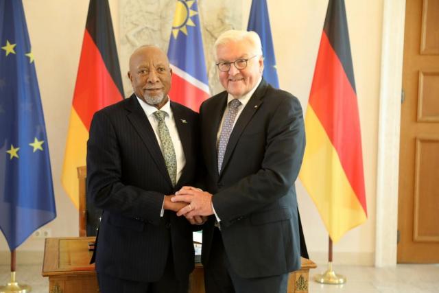 WINDHOEK, 13 October 2024- President Nangolo Mbumba (L) pictured with President of Germany, Frank-Walter Steinmeier (R) during his visitation to Germany. (Photo: Contributed) 