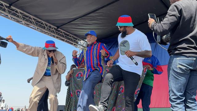 SWAKOPMUND, 20 October 2024 - President Nangolo Mbumba dancing alongside local artist Lazarus “Gazza” Shiimi at a SWAPO Party Star Rally held at Swakopmund on Sunday. (Photo by: Isabel Bento) NAMPA