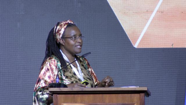 WINDHOEK, 23 October 2024 - United Nations Women Kenya Disaster Risk Reduction Specialist Beatrice Teya speaking at the Ninth Session of the Africa Regional Platform for Disaster Risk Reduction (AfRP-9) and the eighth High-Level Meeting on Disaster Risk Reduction. (Photo by: Sheila Perestrelo) NAMPA