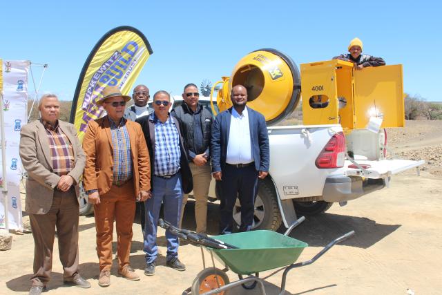 KEETMANSHOOP, 28 October 2025 - ||Kharas Regional Council chairperson, Joseph Isaacks and Keetmanshoop Mayor, McDonald Hanse pictured with other stakeholders at Camp 60 outside Keetmanshoop where the brickmaking project is set to commence. (Photo by: Suzith Tjiatura) NAMPA  
   
