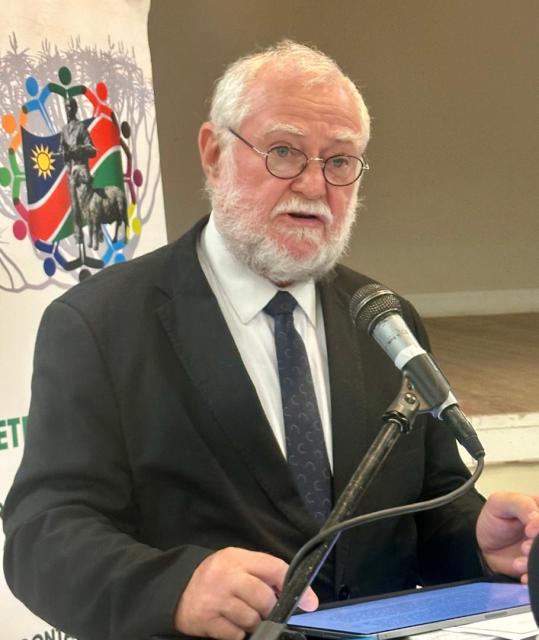 KEETMANSHOOP, 29 October 2024 – Minister of Agriculture, Water and Land Reform, Calle Schlettwein pictured speaking at the official opening of the Keetmanshoop agricultural, industrial and tourism expo on Tuesday Keetmanshoop. (Photo: Contributed) NAMPA