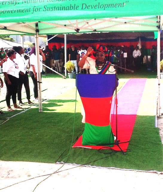 KATIMA MULILO, 03 November 2024 – Swapo Party Secretary General, Sophia Nahango Shaningwa introducing and inviting the Swapo Party Presidential Candiate, Dr. Netumbo Nandi - Ndaitwah to the podium to deliver her keynote address at a Swapo Party Star Rally held at the Katima Mulilo Sports Complex on Saturday. (Photo by: Michael Mutonga Liswaniso) NAMPA