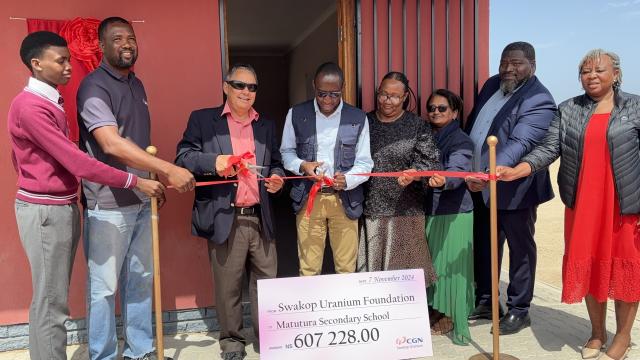 SWAKOPMUND, 07 November 2024 - Erongo Governor Neville Andre Itope; Education Director in Erongo Erenfriede Stephanus; principal of Matutura Secondary School Leonie Reid and Swakop Uranium Executive Vice President Irvine Simaata among other stakeholders inaugurating a computer room donated to the school by the Swakop Uranium Foundation. (Photo by: Isabel Bento) NAMPA