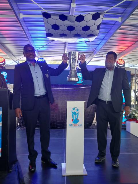 WINDHOEK, O7 NOVEMBER 2024- Right: Theo Mberirua (Chairperson of Board of directors) and Left: Charles Siyauya (General Secretary of Namibia Football Association) Holding the MTC Maris Cup (Photo: Melissa MC //Hoebes) NAMPA