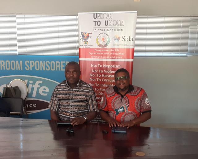 WINDHOEK, 08 November 2024 - Secretary General of the African Regional Organisation of the International Trade Union Confederation (ITUC-Africa), Akhator Odigie (L) at a press conference in Windhoek with Mahongora  Kavihuha (R), president of the Trade Union Congress of Namibia. (Photo by: Edward Tenete) NAMPA 