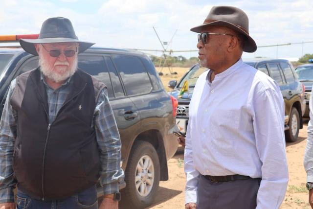 RUNDU, 14 November 2024 - President Nangolo Mbumba together with the Minister of Agriculture, Water and Land Reform Calle Schlettwein during Mbumba's visit to the farm. (Photo by: Sawi Hausiku) NAMPA 