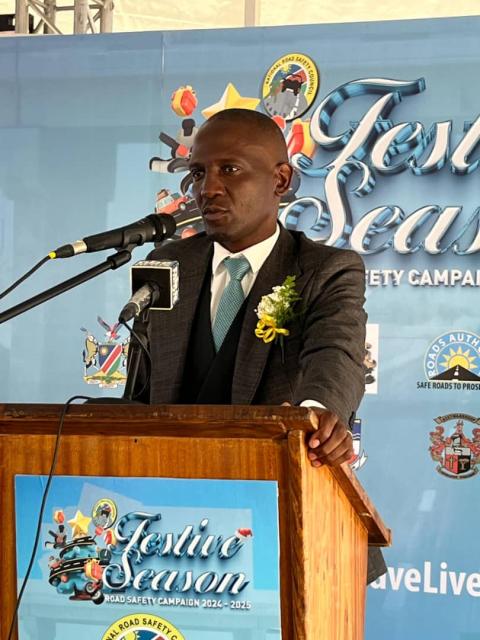 TSUMEB, 15 November 2024 - The Deputy Minister of Works and Transport, Veikko Nekundi during the launch of 2024-2025 festive season road safety campaign in Tsumeb. (Photo by: Gabriel Tomas) NAMPA