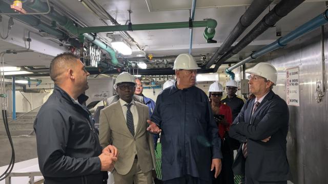 WALVIS BAY, 15 November 2024 - Minister of Fisheries and Marine Resources Derek Klazen, Erongo Governor Neville Andre Itope and Managing Director of Cadilu Fishing, Jose Luis Reyero during a tour onboard Embwinda Fishing’s newly acquired fishing vessel MFV Oukaume. (Photo by: Isabel Bento) NAMPA