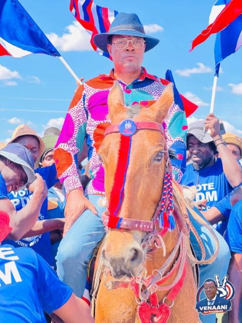 OPUWO, 15 NOVEMBER 2024 - PDM President McHenry Venaani riding a horse during the party's campaign rally in Opuwo on Friday. (Photo: Contributed) NAMPA