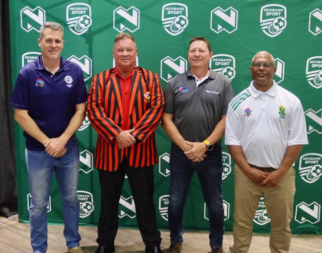 WINDHOEK, 16 November 2024 - From left to right - South Africa A Team Captain Russell Bennett, Zimbabwe's Captain Darell Goodwin, Namibian Captain Dawie Hartzenberg, and South Africa Proteas Captain Mario Solomons, pose for a photo at the Over 50's Africa Cup Cricket Tournament launch in Windhoek. (Photo by: Hesron Kapanga) NAMPA