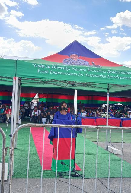 WINDHOEK, 24 November 2024 - Peyameno Shimoshili speaking to the youth at Swapo's star rally in Windhoek at Sam Nujoma stadium on Sunday.
(Photo: Melissa //Hoebes)