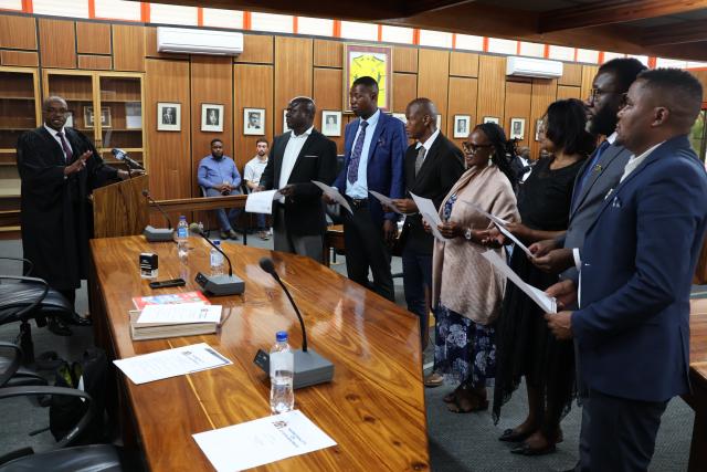 OTJIWARONGOI, 25 November 2024 - The seven local authority councillors of the Otjiwarongo Municipality being sworn-in by Magistrate Billy Lutaka on Monday afternoon for a 12 month tenure at the municipality. (Photo by: Mulisa Simiyasa) NAMPA