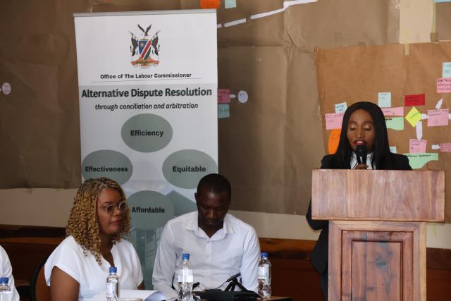 OTJIWARONGO, 02 DEC (NAMPA) - The Labour Commissioner, Kyllikki Sihlahla speaks at a retreat and weeklong workshop of about 40 labour dispute arbitrators and reconciliators from across the country who gathered at Otjiwarongo on Monday morning. (Photo by: Mulisa Simiyasa) NAMPA 