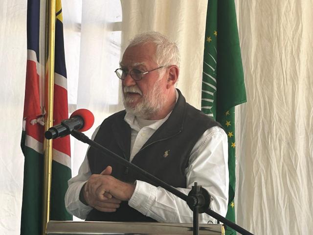 OGONGO, 06 December 2024 - Minister of Agriculture, Water and Land Reform Calle Schlettwein speaking at the groundbreaking of the Ogongo-Oshakati pipeline project. (Photo by: Maria David) NAMPA