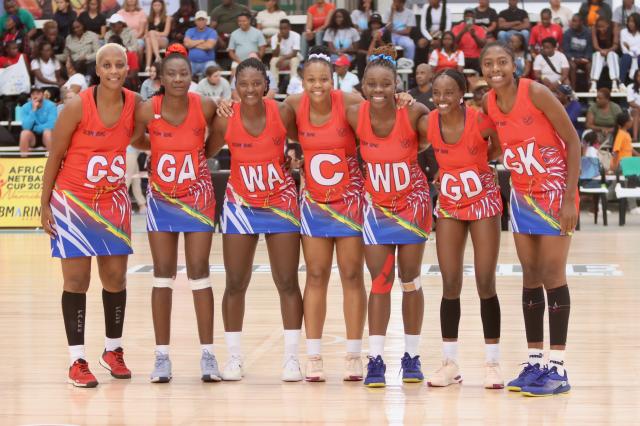 SWAKOPMUND, 12 December 2024 - From left to right Louise Kausembe, Anna Kasper, Imbileni Frans, Monica Gomases, Grace Matjayi, Loide Hanyaya, and Cornelia Mupenda the Namibian Debmarine Desert Jewels starting team against Zimbabwe at the Africa Netball Cup 2024 at the Dome in Swakopmund. (Photo by: Hesron Kapanga) NAMPA