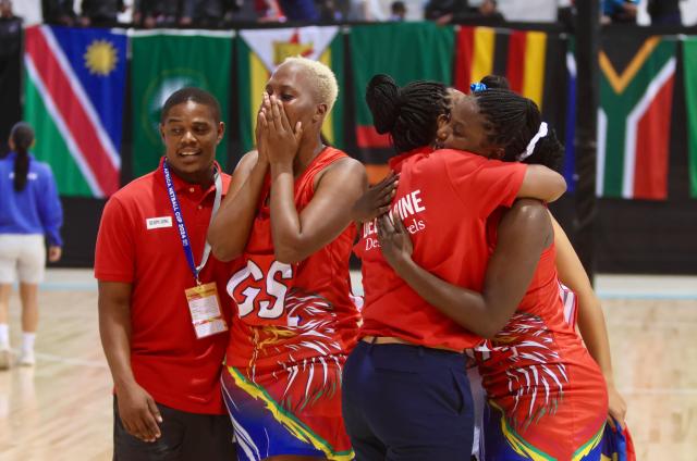 SWAKOPMUND, 12 December 2024 - Louise Kausembe (second left), the Namibian Debmarine Desert Jewels goal shooter in disbelief after their goal difference win against Zimbabwe at the Africa Netball Cup 2024 at the Dome in Swakopmund where the championships were held. (Photo by: Hesron Kapanga) NAMPA