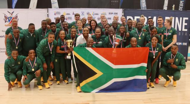 SWAKOPMUND, 15 December 2024 - South Africa’s women’s and men’s teams pose for a photo after making history with a double victory at the  Africa Netball Cup 2024, held in Swakopmund, Namibia, from 09 to 14 December 2024. (Photo by: Hesron Kaspanga) NAMPA