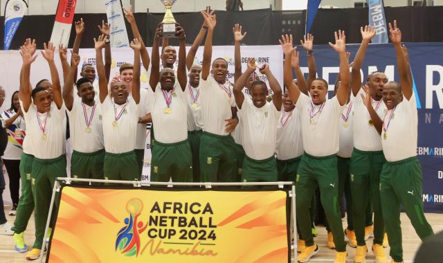 SWAKOPMUND, 15 December 2024 - South Africa’s men’s team poses for a photo after defeating Eswatini 60-39 at the Africa Netball Cup 2024, to retain their title in a competition that was held in Swakopmund, Namibia, from 09 to 14 December 2024. (Photo by: Hesron Kapanga) NAMPA