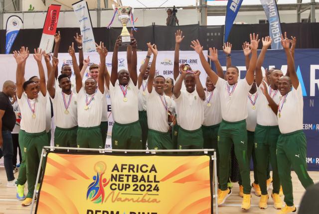 SWAKOPMUND, 15 December 2024 - South Africa’s men’s team poses for a photo after defeating Eswatini 60-39 at the Africa Netball Cup 2024, to retain their title in a competition that was held in Swakopmund, Namibia, from 09 to 14 December 2024. (Photo by: Hesron Kapanga) NAMPA