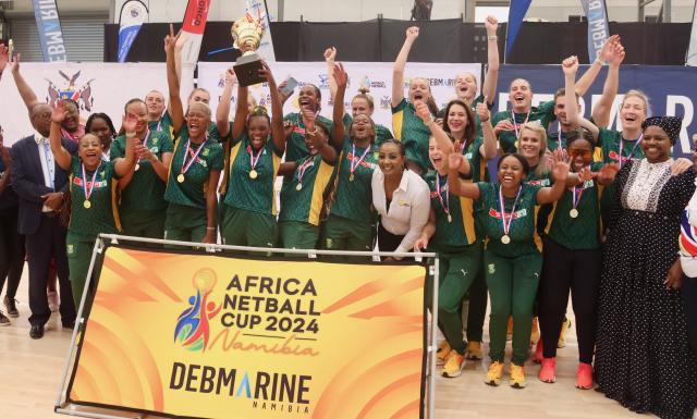 SWAKOPMUND, 15 December 2024 - South Africa’s women’s SPAR Proteas teams pose for a photo after defeating Uganda 65-50 in the final of the Africa Netball Cup 2024, to be crowned champions at a competition that was held in Swakopmund, Namibia, from 09 to 14 December 2024. (Photo by: Hesron Kaspanga) NAMPA