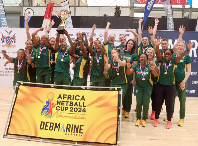 SWAKOPMUND, 15 December 2024 - South Africa’s women’s SPAR Proteas teams pose for a photo after defeating Uganda 65-50 in the final of the Africa Netball Cup 2024, to be crowned champions. (Photo by: Hesron Kapanga) NAMPA