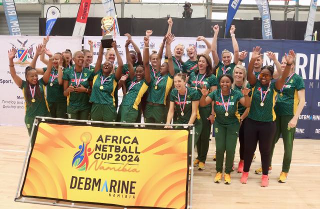 SWAKOPMUND, 15 December 2024 - South Africa’s women’s SPAR Proteas team poses for a photo after defeating Uganda 65-50 in the final of the Africa Netball Cup 2024, to be crowned champions at a competition that was held in Swakopmund, Namibia, from 09 to 14 December 2024. (Photo by: Hesron Kapanga) NAMPA