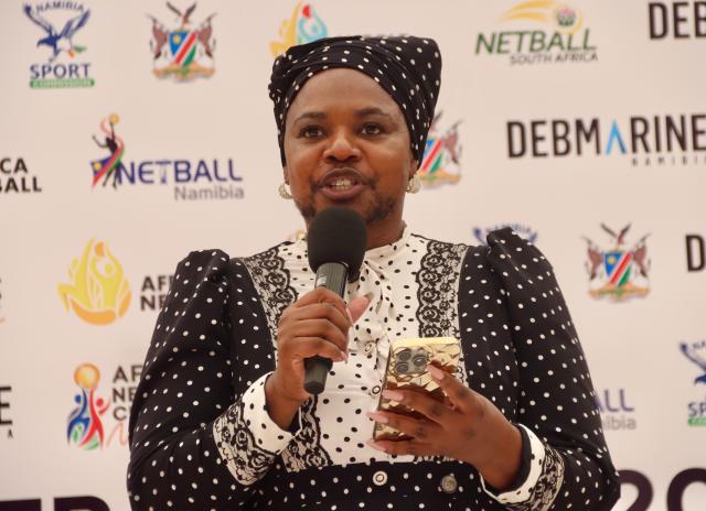 SWAKOPMUND, 12 December 2024 -Netball Namibia (NN) President Rebekka Goagoses while addressing the athletes and audience at the Africa Netball Cup 2024 at the Dome in Swakopmund where the championships were held. (Photo by: Hesron Kapanga) NAMPA