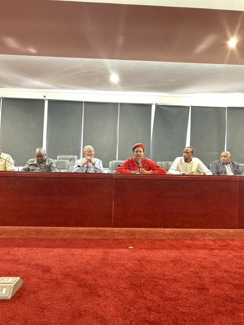 WINDHOEK, 14 JAN (NAMPA)- Mike Kavekotora, Henk Mudge, Michael Amushelelo and other political party Leaders at a press conference. (Photo by: Eba Kandovazu).