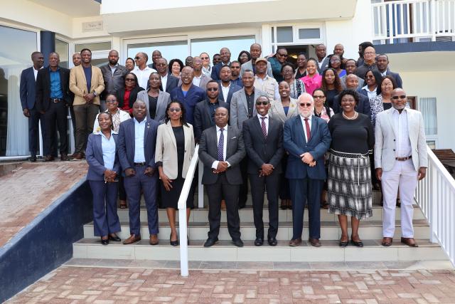 SWAKOPMUND, 27 January 2025 - Agriculture, Water and Land Reform Minister Calle Schlettwein, Erongo Governor Region Neville Andre along with managers in the ministry attending the 5-day long Management Review Workshop for quarter three 2024/25 financial year at Swakopmund on Monday. (Photo by: Isabel Bento) NAMPA