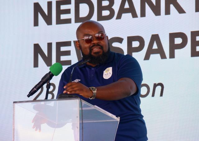 WINDHOEK, 28 January 2025 – The Kunene Regional Governor, Marius Sheya, pictured during the launch of the 23rd edition of the Nedbank Namibian Newspaper Cup that will be held in Outjo, in the Kunene region. (Photo by: Hesron Kapanga) NAMPA. 