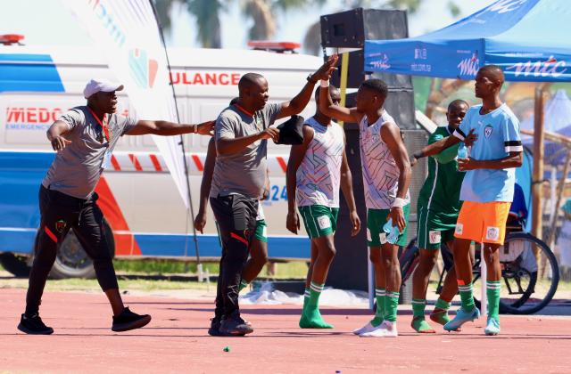 OSHAKATI, 01 February 2025 -  Young African, celebrating their win against FC Ongos during round eight of the MTC Maris Cup against at the Oshakati Independence Stadium. (Photo by: Hesron Kapanga) NAMPA