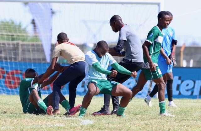 OSHAKATI, 01 February 2025 -  Young African, celebrating their win against FC Ongos during round eight of the MTC Maris Cup against at the Oshakati Independence Stadium. (Photo by: Hesron Kapanga) NAMPA