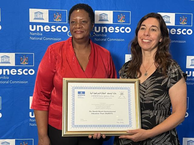 WINDHOEK, 06 February 2025 -  Head of office and UNESCO Representative to Namibia Eunice Smith pictured with Director and Co - Founder of NaDEET Viktoria Keding at the celebration of NaDEET winning 2024 UNESCO SULTAN QABOOS PRIZE. (Photo by: Justina Shuumbwa ) NAMPA