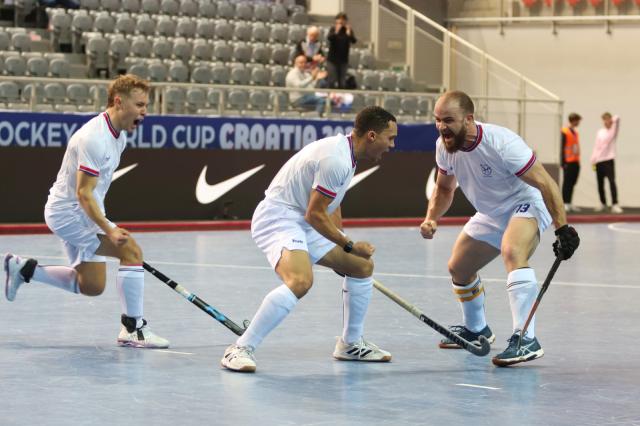 POREČ, 07 February 2025 - The Namibian senior men's hockey squad's players celebrating. (Photo: Contributed) NAMPA 