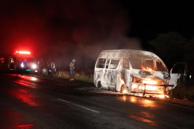 OTJIWARONGO, 08 February 2025 - The minibus which allegedly caught fire while in motion with 16 occupants on the B1 road between Otjiwarongo and Otavi on Friday night. All occupants escaped unhurt. (Photo by: Mulisa Simiyasa) NAMPA