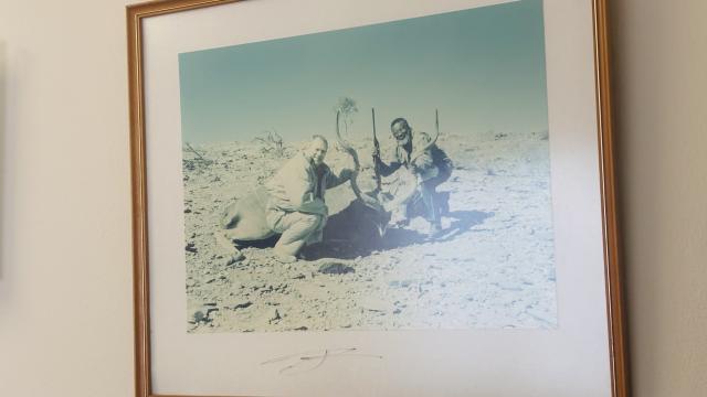 WALVIS BAY, 14 February 2025 - A photograph of the two friends, Founding President Sam Nujoma and Jose Luis Bastos, after a successful hunting expedition. (Photo by: Isabel Bento) NAMPA