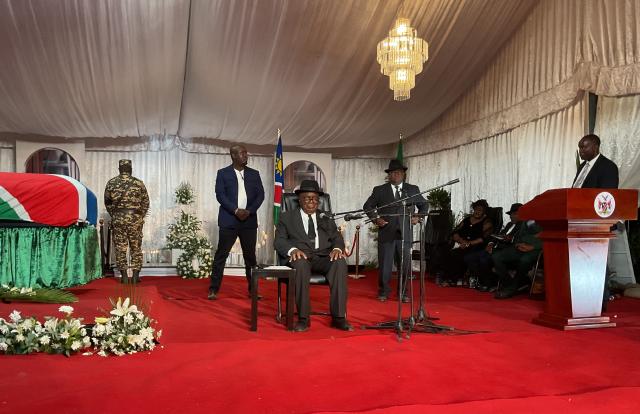 ETUNDA, 20 February 2025 - Former President Hifikepunye Pohamba pictured speaking at the late Founding President Sam Nujoma's first regional memorial service held at Etunda village in the Omusati region. (Photo: Edward Tenete) NAMPA 